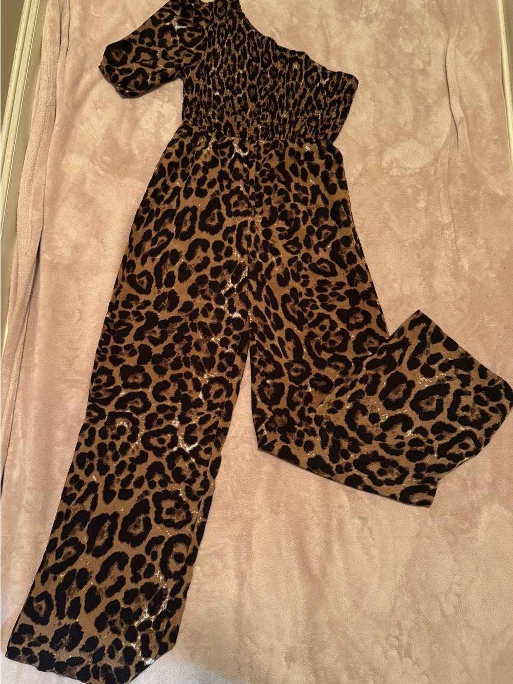 SHEIN Brown and Black One-Shoulder Leopard Print Jumpsuit